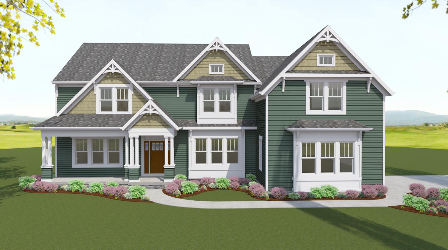3D graphic of "The Colton" craftsman farm style home. The house is green, white, grey, and brown.